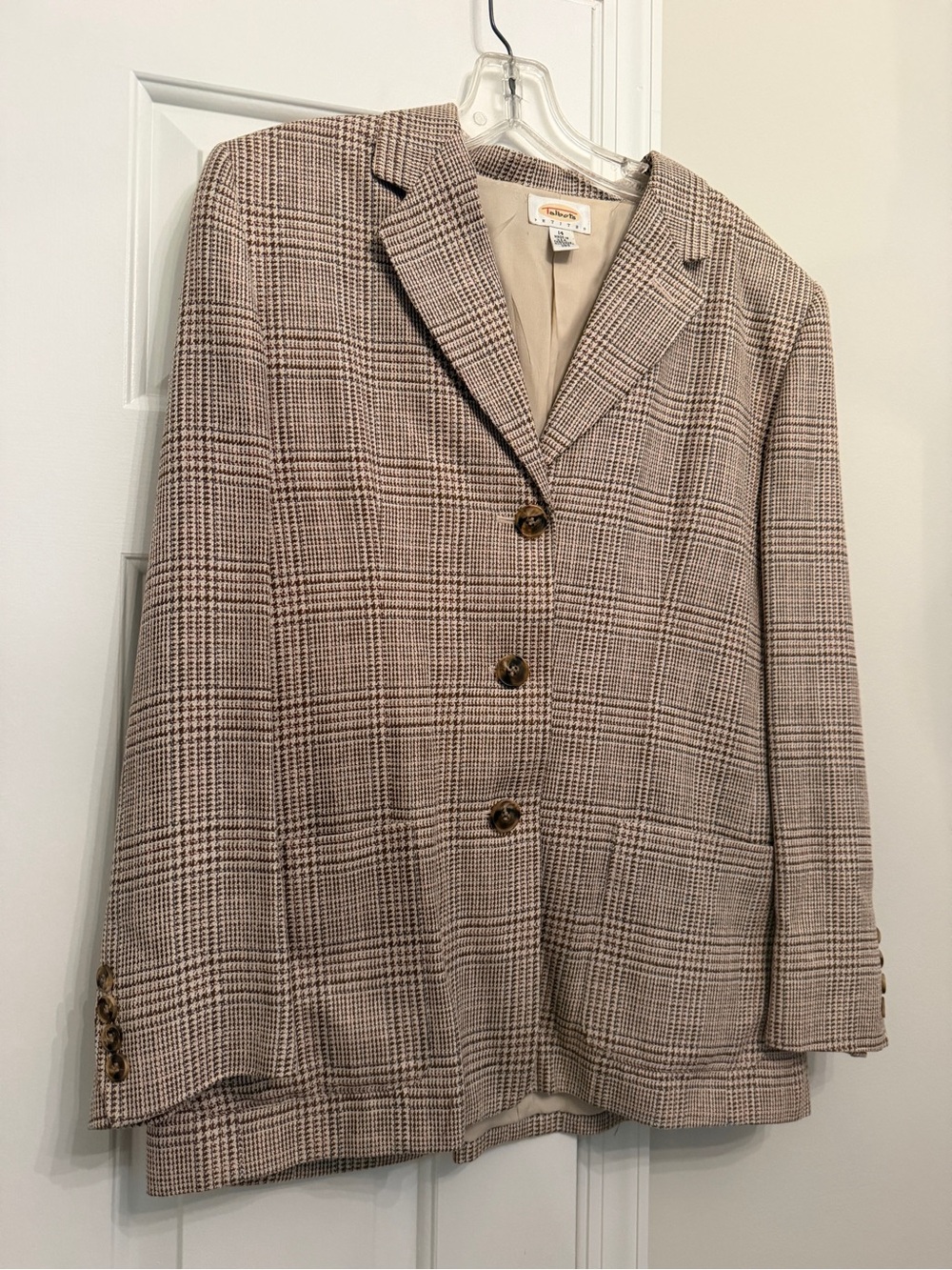 Talbots Vintage Tan Plaid Petite Blazer Brown & White Size 14P
